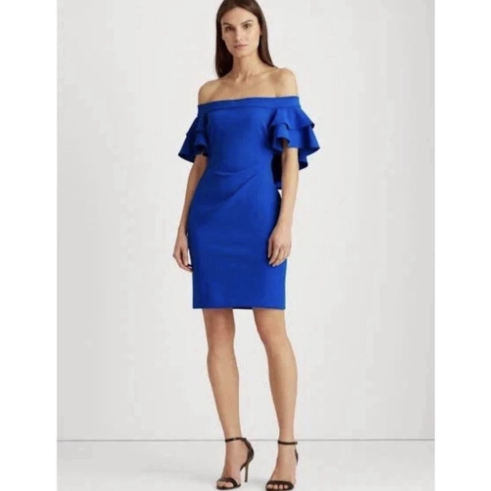 Lauren Ralph Lauren Women's Ruffle Dress Blue Size 6 $185 Off Shoulder